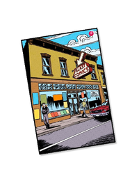 Comic book panel of Blast Comics from "The All". Panel is set in 1960s America with a classic red car outside and eerie clouds in the background.